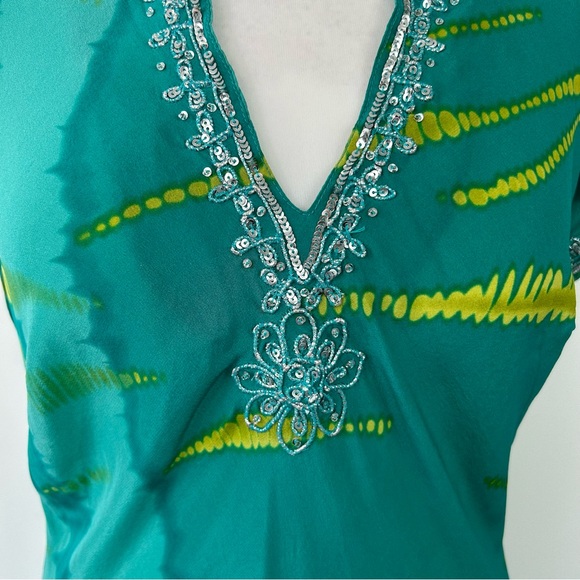 East 100% Silk Maxi Dress Size 14 Teal Green Sequin Trims Beach Boho - Picture 4 of 10